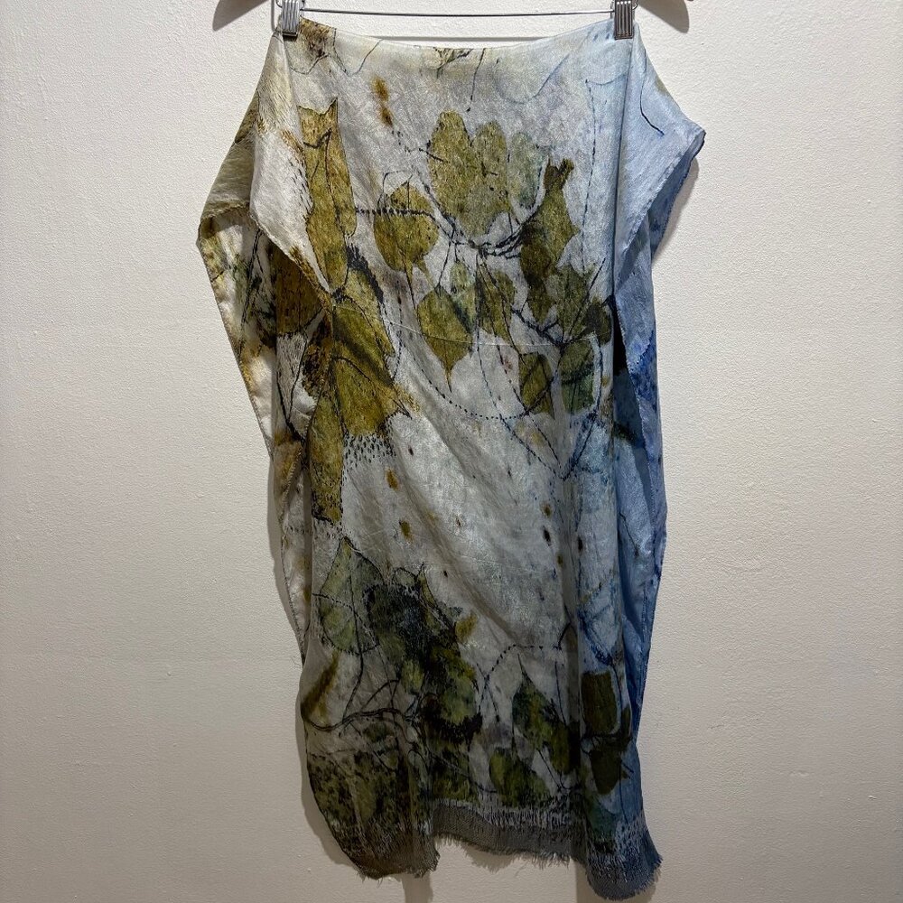 Lua hand painted 100% silk oversized scarf/wrap in pale blue and greens